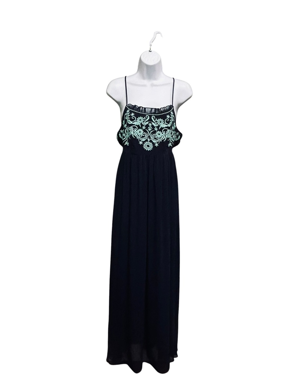 Tobi Blue Chiffon Embroidered Top Sides Zip Strappy Maxi Dress Size S